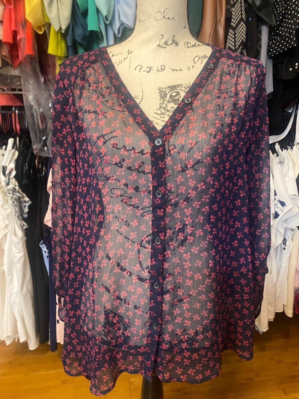 Maurices Navy Sheer Button-Up Blouse with Pink Floral Motif
